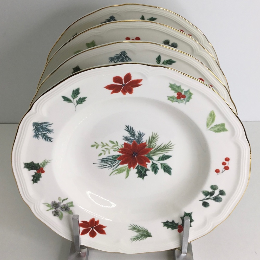 4 Soup Plates Grace Teaware Poinsettia Holly Berries Gold Trim 9” New